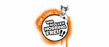 Logo vom Päventionsprogramm „Tom Lehel’s WIR WOLLEN MOBBINGFREI!!" 
Tom Lehel als Comicfigur