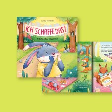 Gezeichneter grauer Hase bekleidet mit gelbem T-Shirt und mit den Händen in den Hüften stehend vor einem grünen Hintergrund, Mila macht Mut lautet der Titel