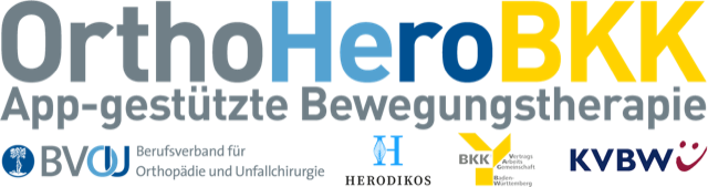 Das Logo OrthoHeroBKK besteht aus dem Schriftzug OrthoHeroBKK App-gestützte Bewegungstherapie und den Logo der vier Vertragspartner