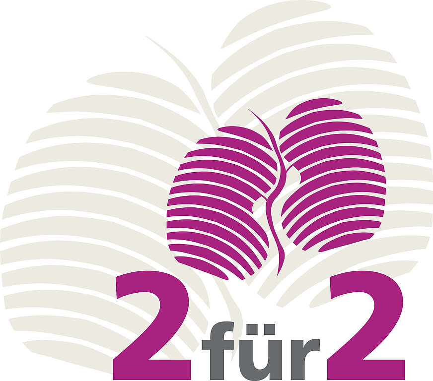 Das Logo der Kampagne "ZWEIfürZWEI" zeigt zwei Lungenflügel in grau und lila versetzt.