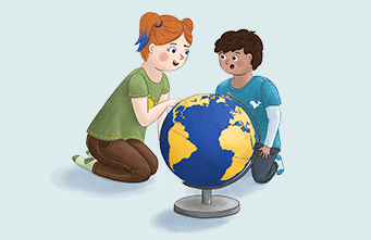 ein Mädchen und ein Junge sitzen auf dem Boden und schauen auf einen Globus (Illustration)
