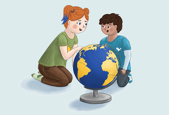 ein M&auml;dchen und ein Junge sitzen auf dem Boden und schauen auf einen Globus (Illustration)