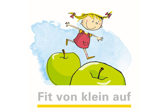 zwei grüne Äpfel und ein kleines Mädchen mit Zöpfen (Zeichnung)