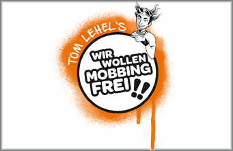 Logo vom Päventionsprogramm „Tom Lehel’s WIR WOLLEN MOBBINGFREI!!" 
Tom Lehel als Comicfigur