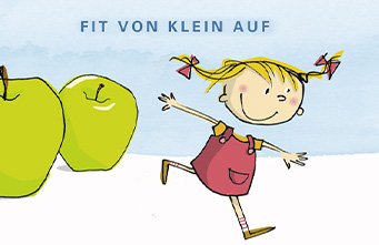 zwei grüne Äpfel und ein kleines Mädchen mit Zöpfen (Zeichnung)